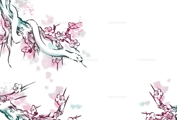 手描きの蛇と梅の花 はがきサイズのイラスト素材 [FYI08029766