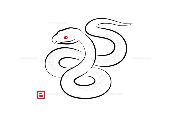 八の字にとぐろを巻いている縁起の良い白蛇のイラスト 墨絵風でお洒落