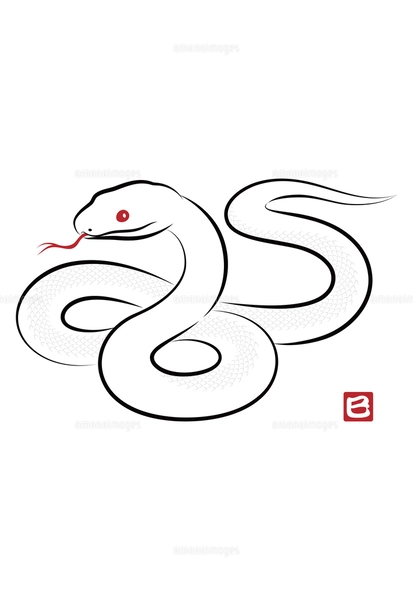 八の字にとぐろを巻いている縁起の良い白蛇のイラスト 墨絵風でお洒落