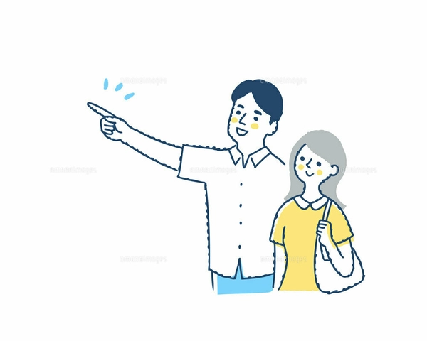 遠くを指さす男性とそちらを見ている女性のイラスト素材 [FYI08117755