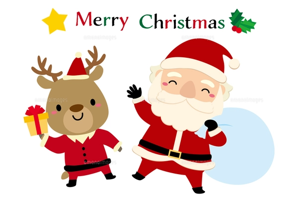 かわいいサンタクロースとトナカイのクリスマスバナー/正方形・青