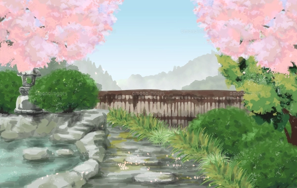 和室から桜が咲く和風の庭が見えるイラストのイラスト素材