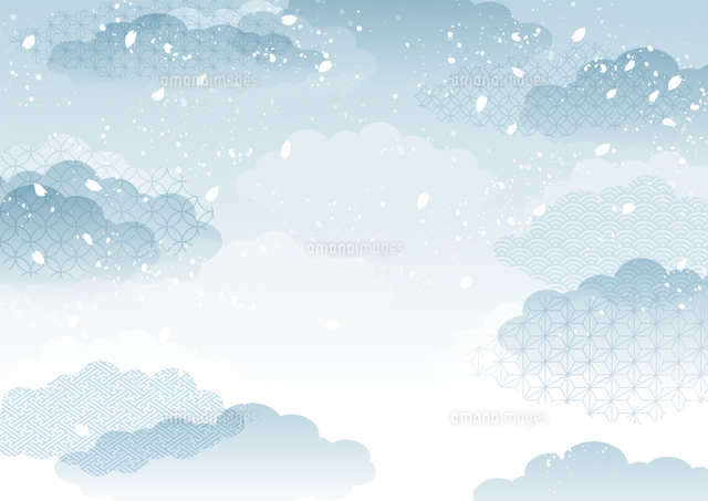 グレイッシュな青の雲と舞い散る桜吹雪の和風背景イラスト A4サイズ横