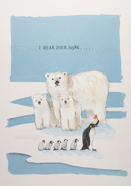 白クマ親子とペンギンの行進のイラスト素材 [FYI08233121] | ストック