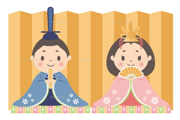 ひな祭り_雛人形_おひなさま（金屏風）殿と姫のイラスト素材