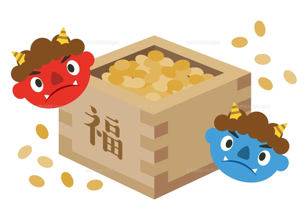 節分_豆まき_鬼払い_逃げる赤鬼と青鬼のイラスト素材 [FYI08233912