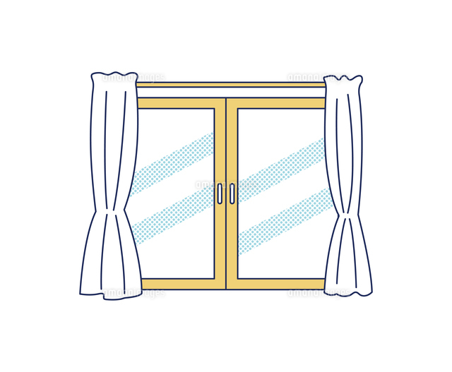 両開きのカーテンのある窓のカラーイラストのイラスト素材