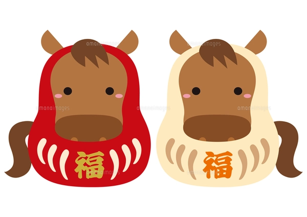 2014年午年年賀状用イラスト素材（白猫と赤鉛筆と馬のえんぴつキャップ